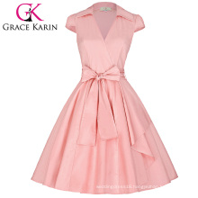Grace Karin Cap Sleeve Lapel Collar V-Neck Retro Vintage High-Stretchy Pink Party Dress CL008953-4